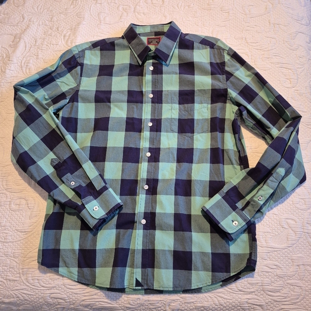 Untuckit men's Large slim fit long sleeve green & blue check design VGUC